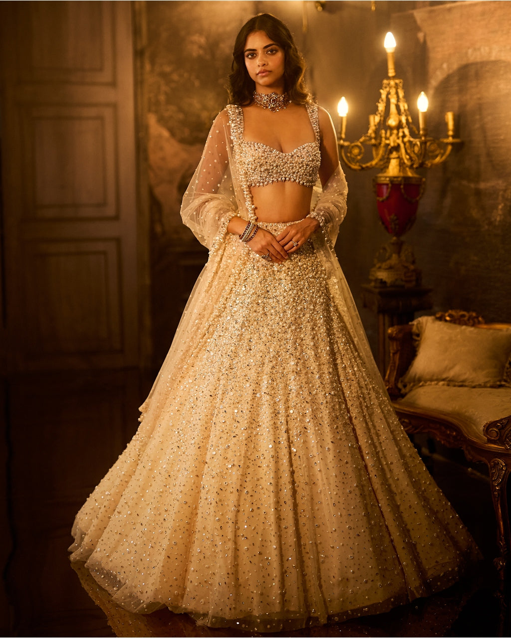 Butter Cream Pearl Lehenga Set