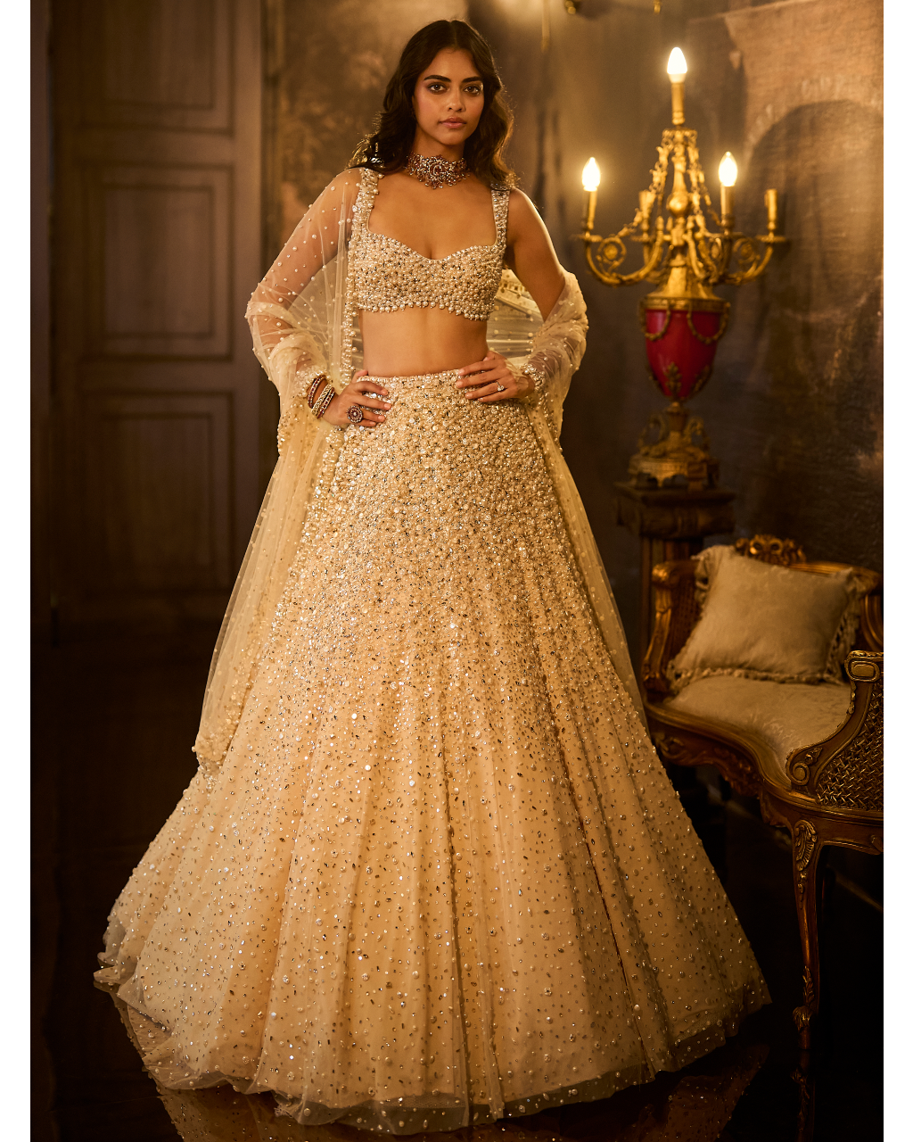 Butter Cream Pearl Lehenga Set
