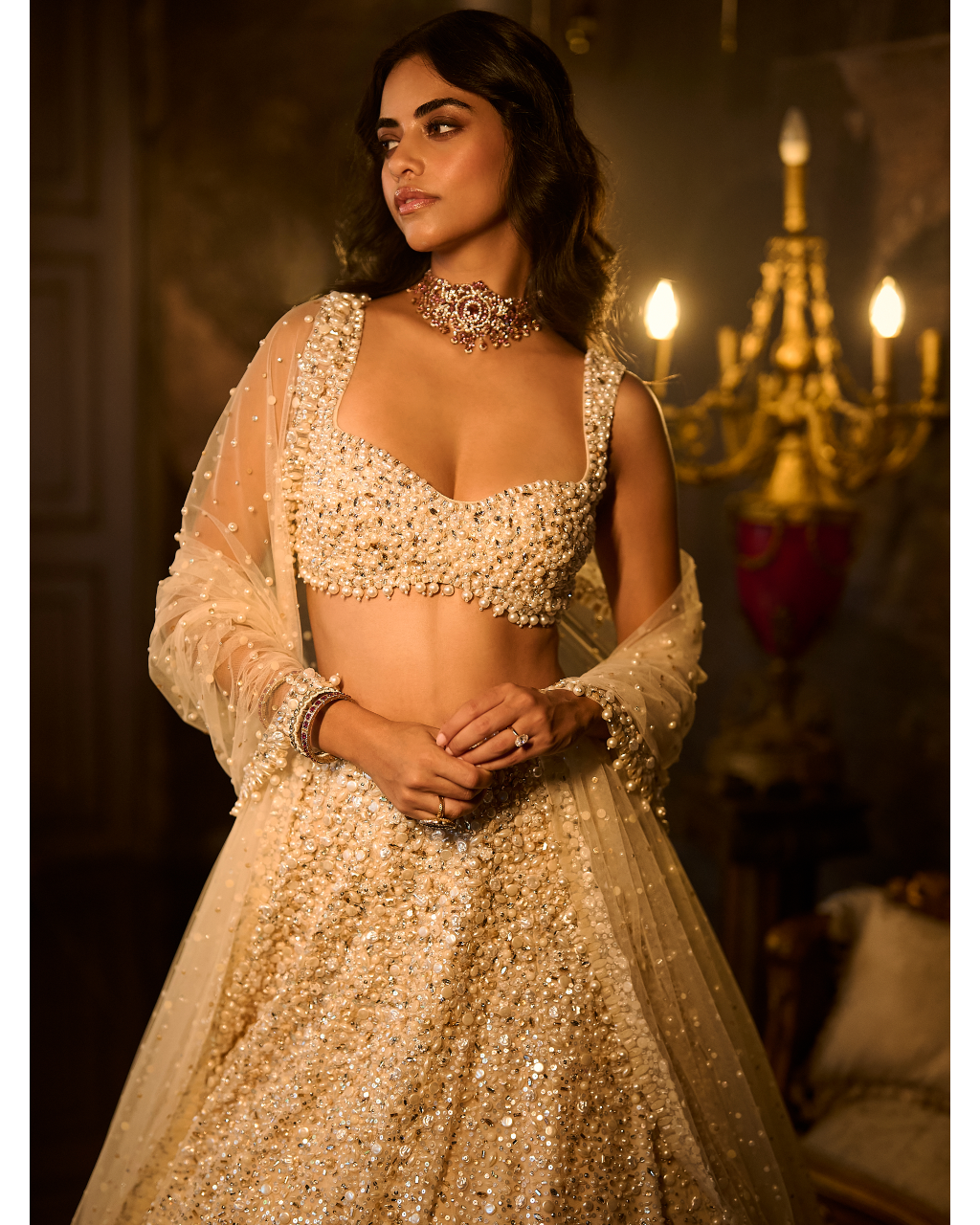 Butter Cream Pearl Lehenga Set