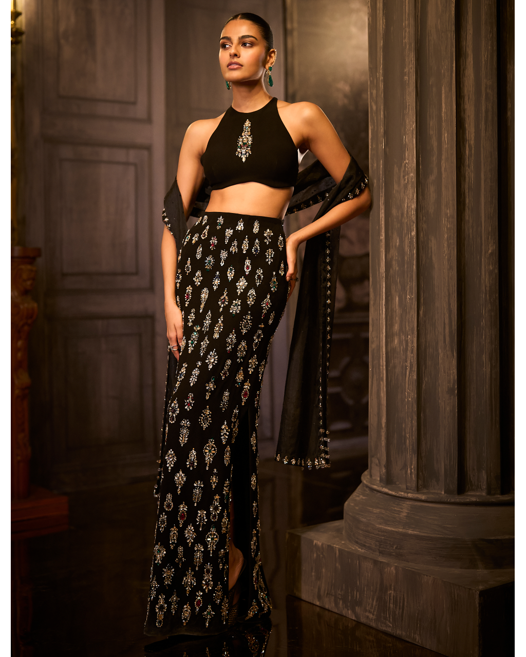 Black Crystal Skirt Set