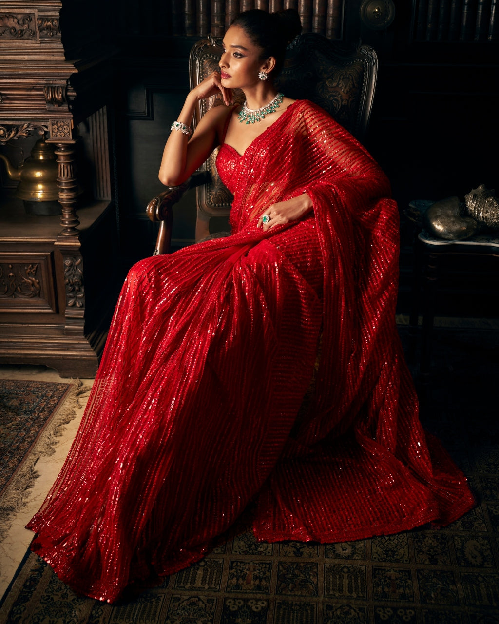 Red Sequin Tulle Sari Set