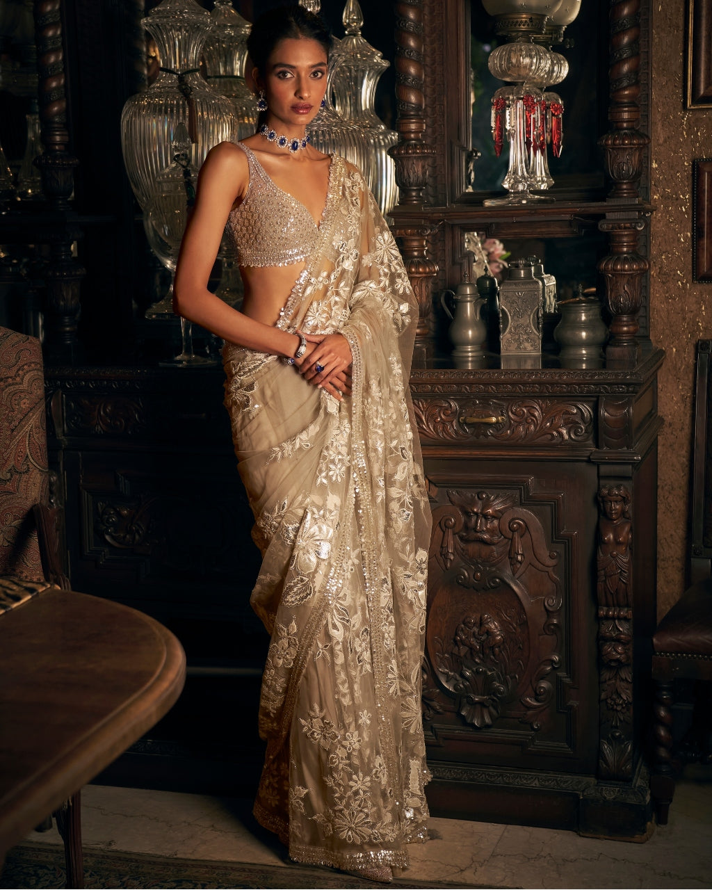 Nude Applique Sari Set