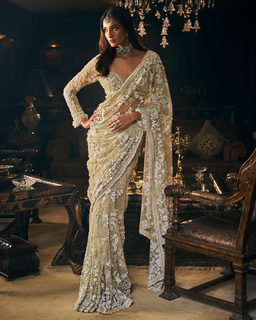 Sage Green Three-Dimensional Sari Set