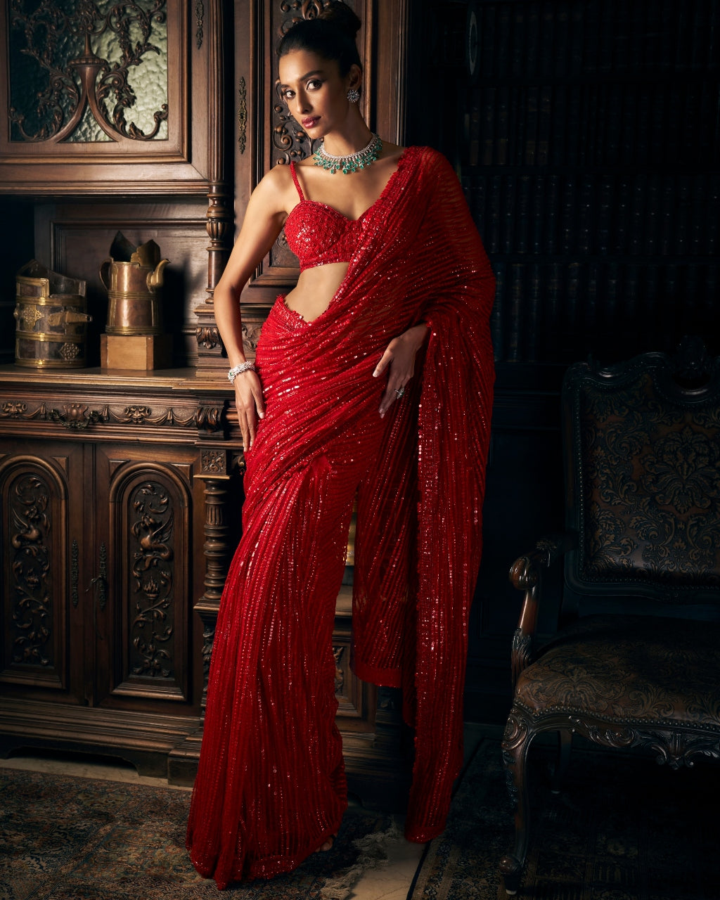 Red Sequin Tulle Sari Set
