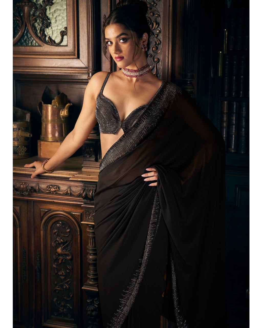 Black Crystal Georgette Sari Set