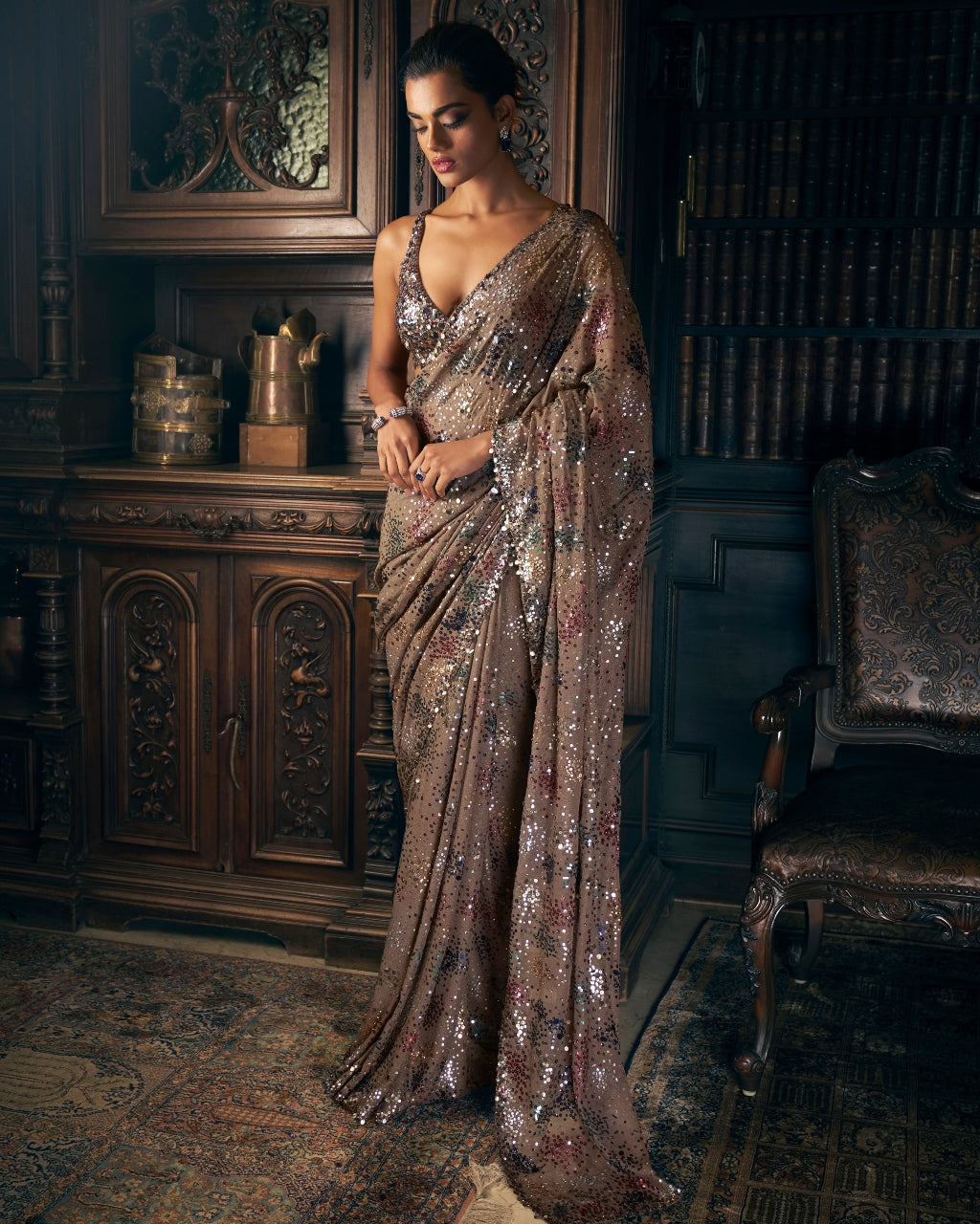 Ash Grey Sequin Sari Set