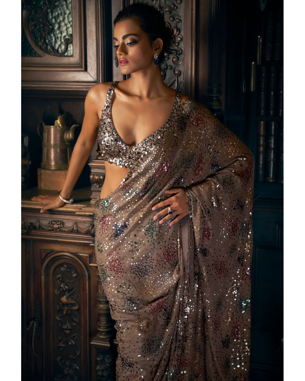 Ash Grey Sequin Sari Set