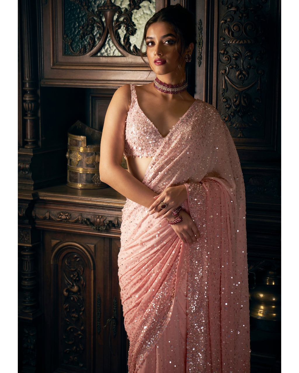 Pink Sequin Georgette Sari Set