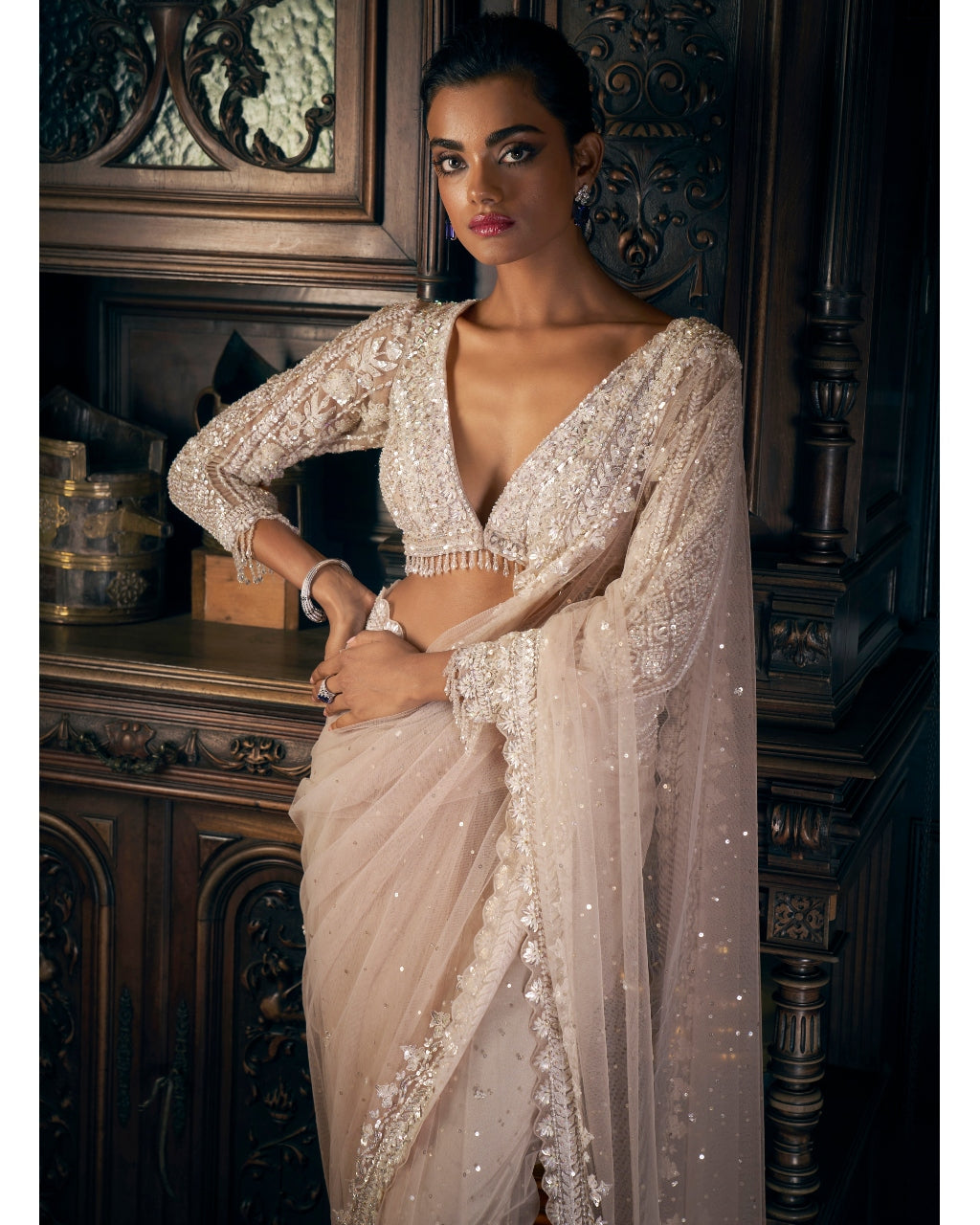 Nude Sequin Sari Set