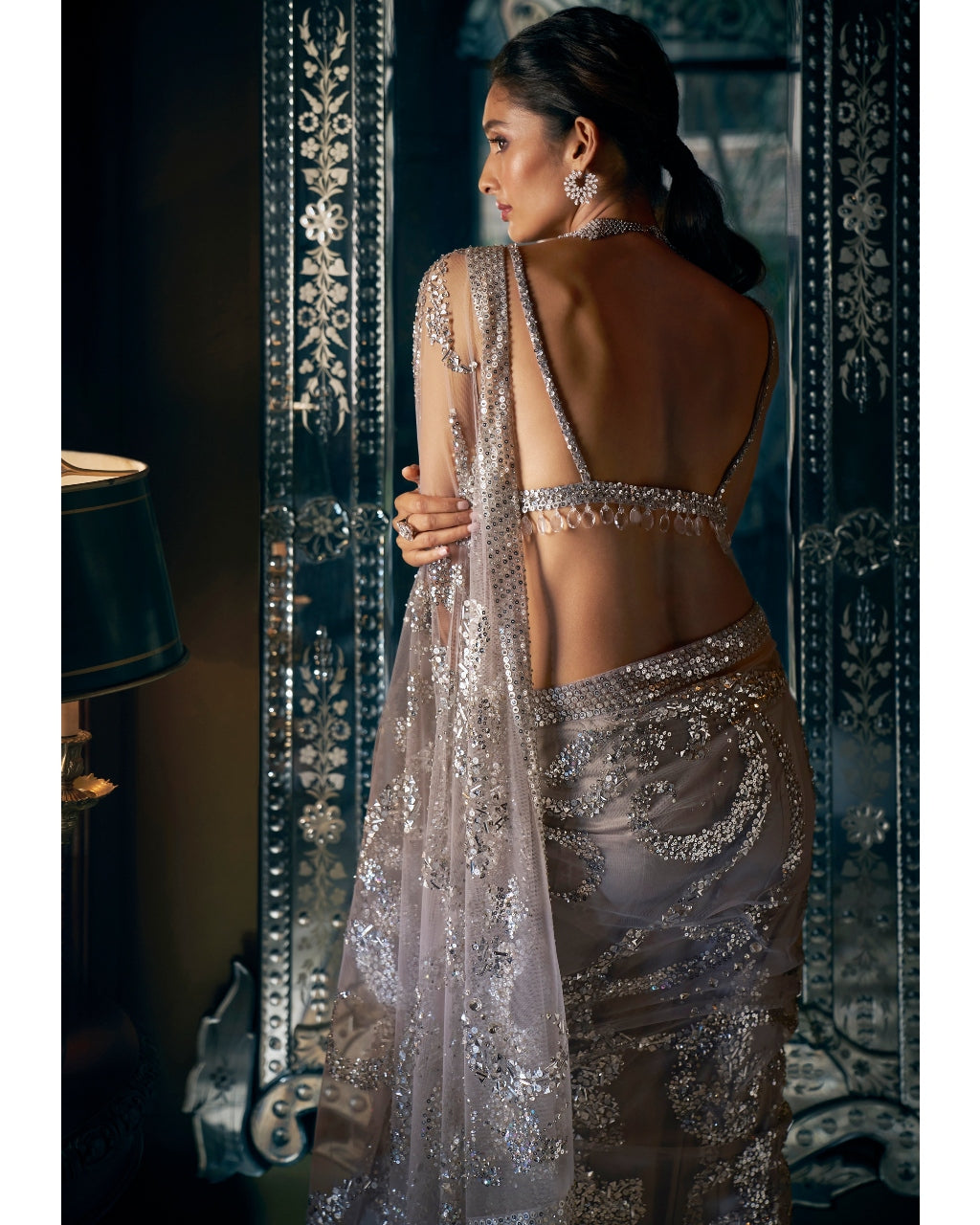 Steel Grey Sequin Sari Set