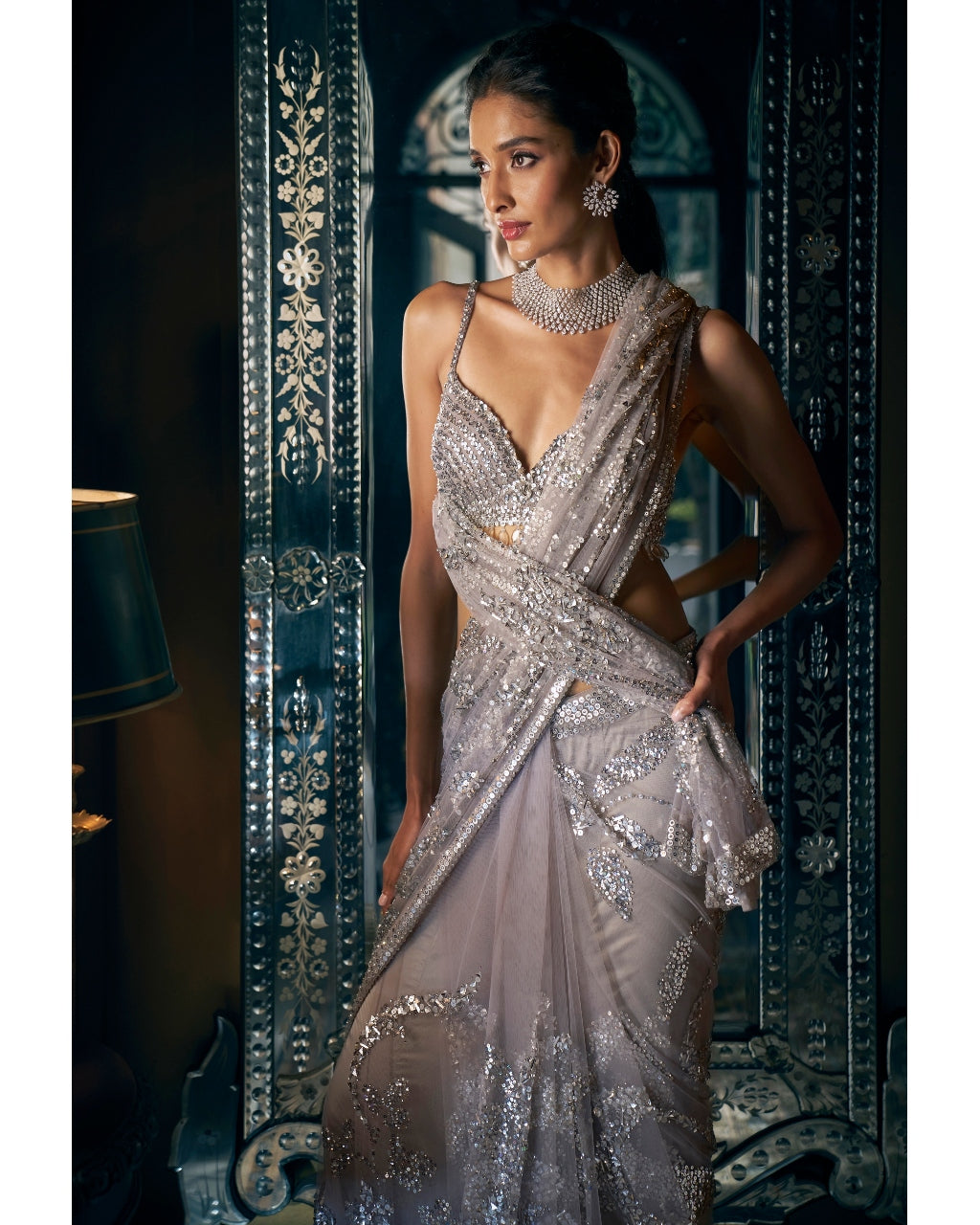 Steel Grey Sequin Sari Set