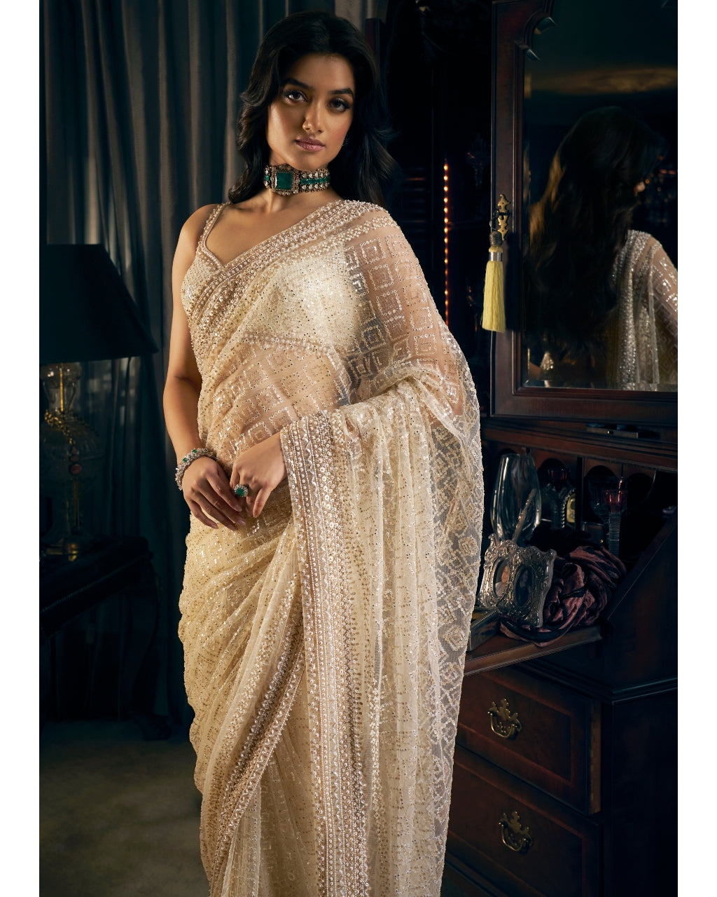 Ivory Gold Net Sari Set