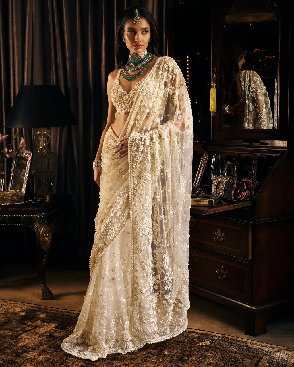 Ivory Three-Dimensional Sari With Strappy Blouse