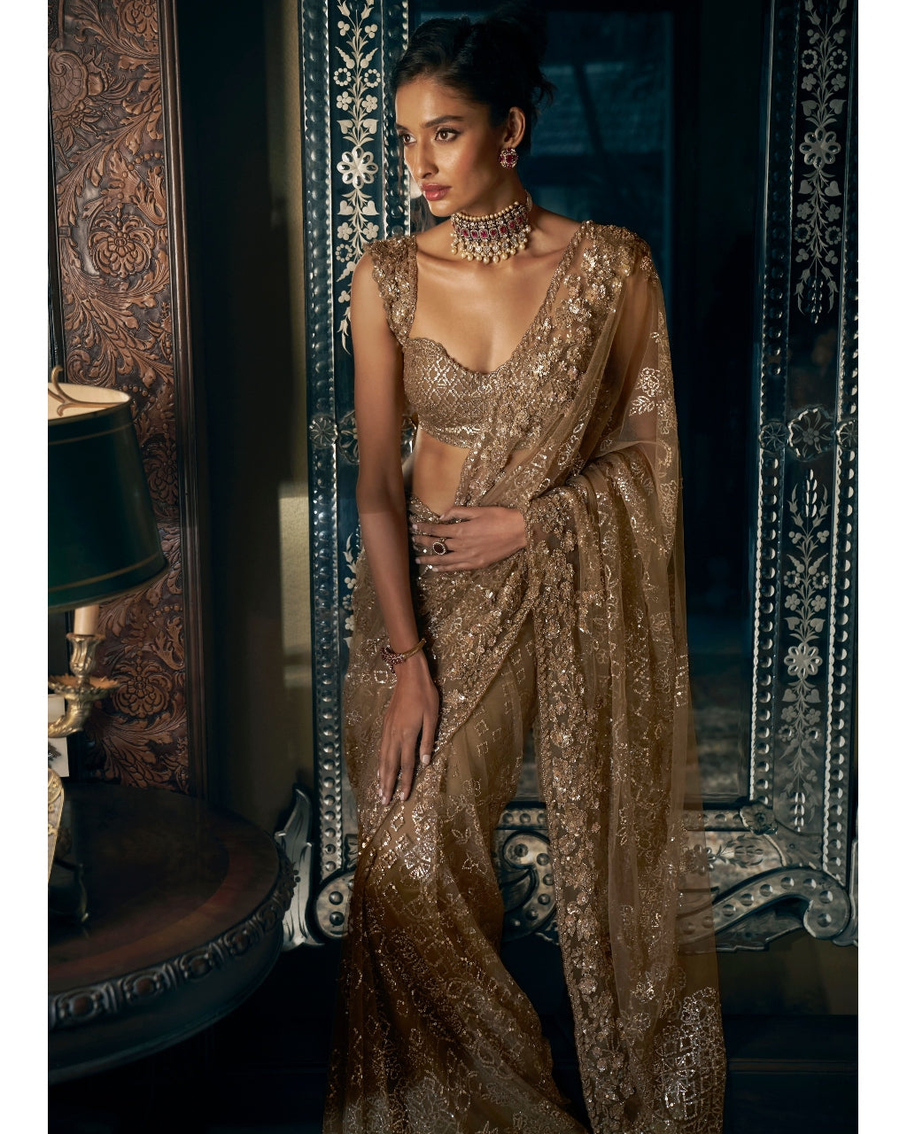 Antique Gold Sequin Sari Set