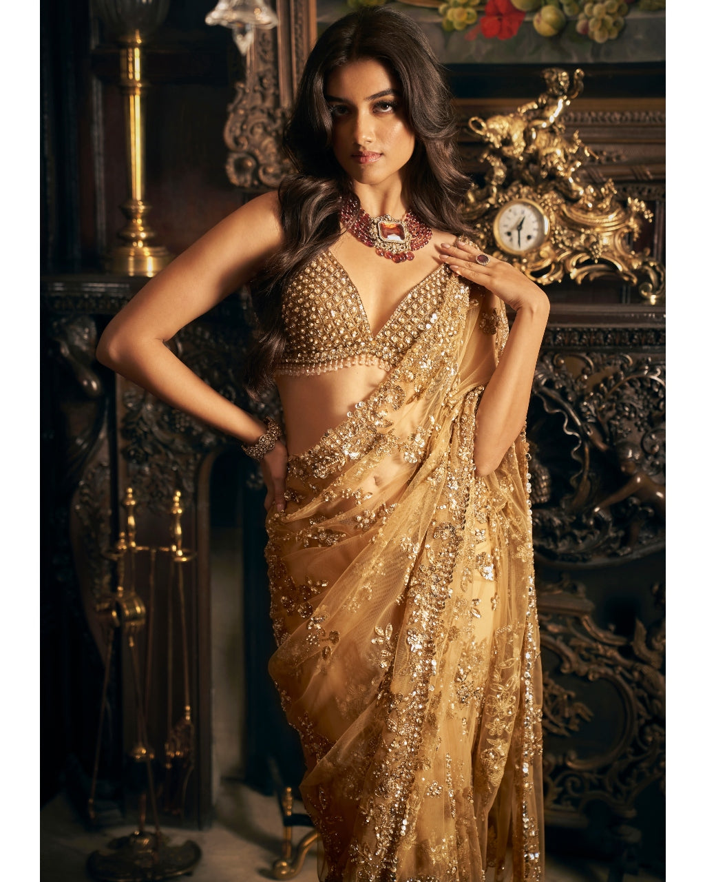 Gold Tulle Sari Set