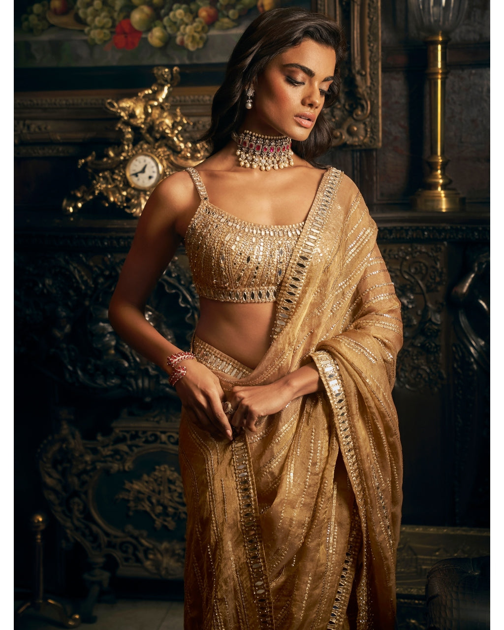 Gold Mirror work Sari Set