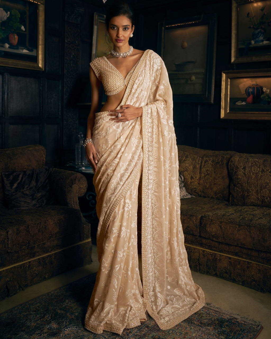 Nude Thread Work Sari Set