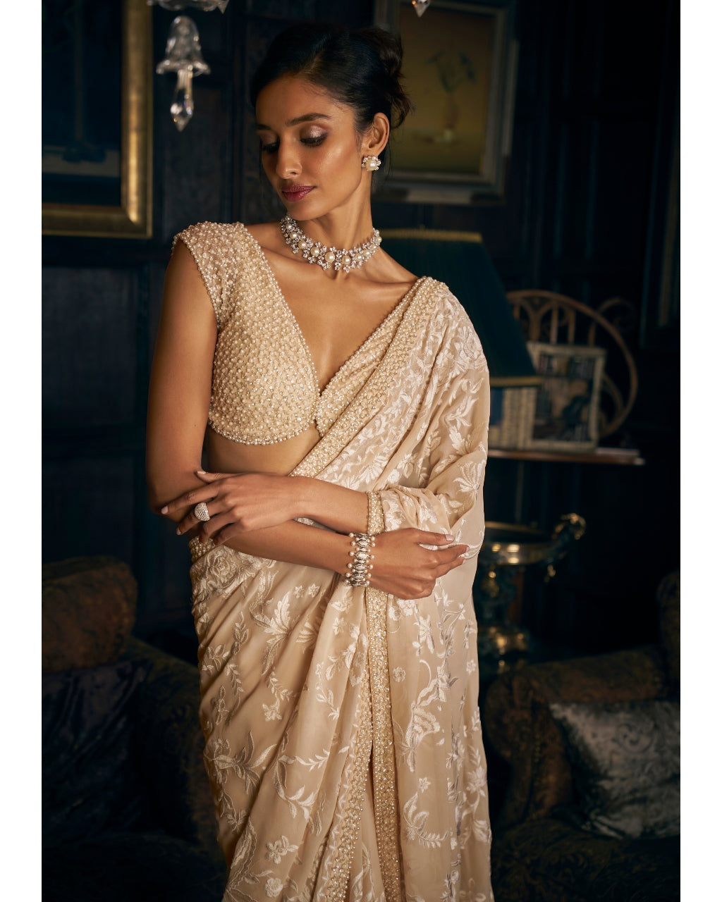 Nude Thread Work Sari Set