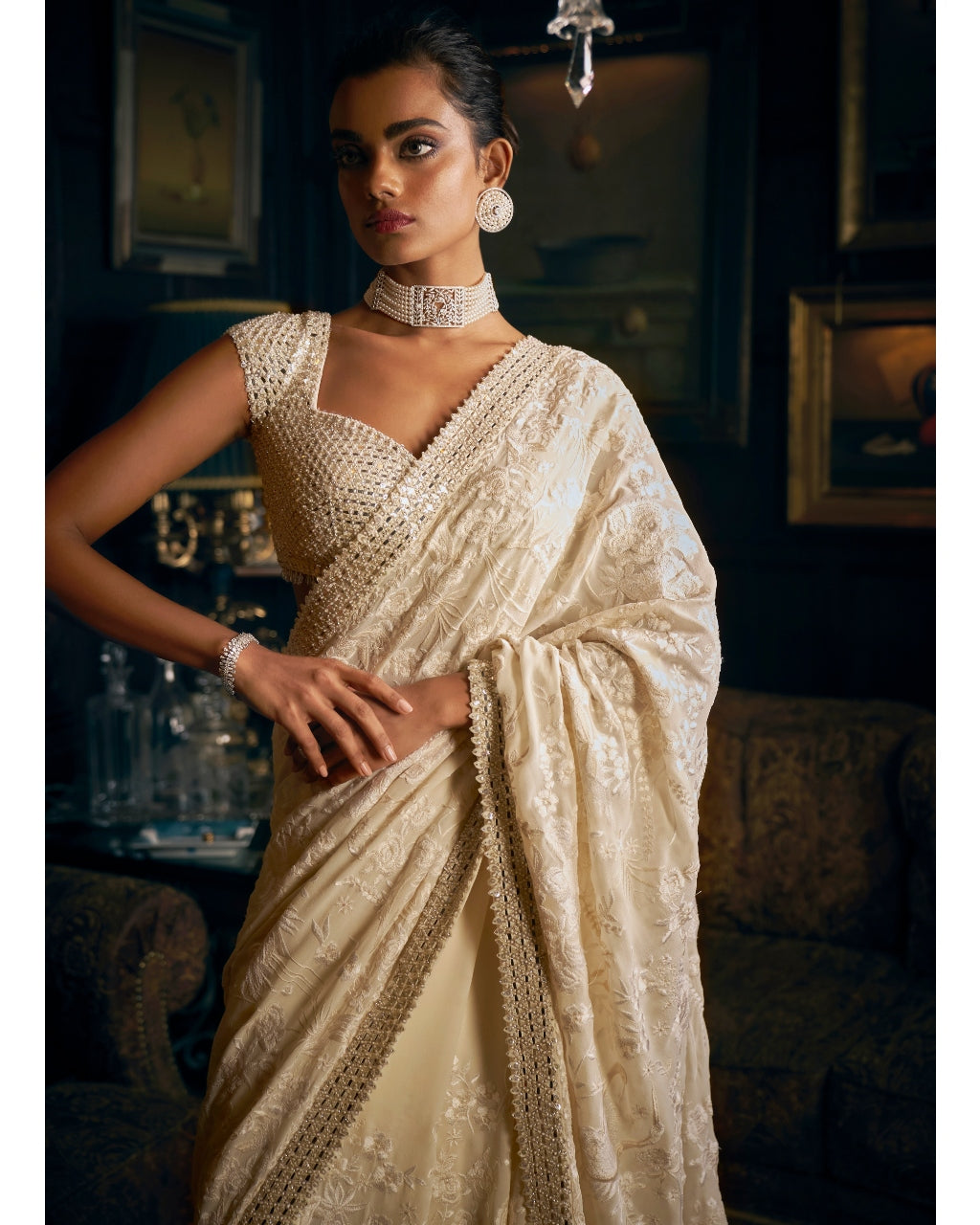 Ivory Thread Work Sari Set