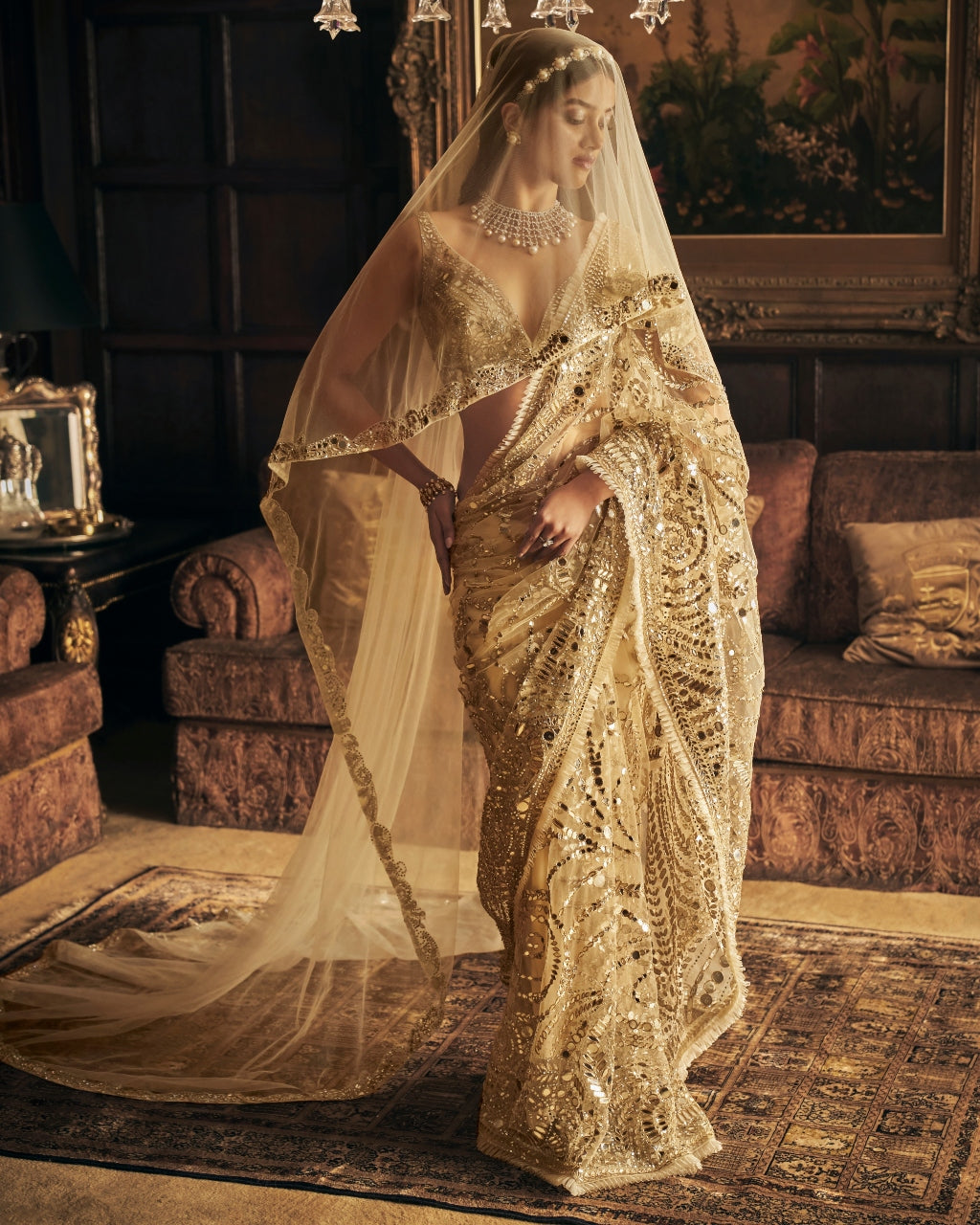 Cream Gold Mirror Work Sari Set