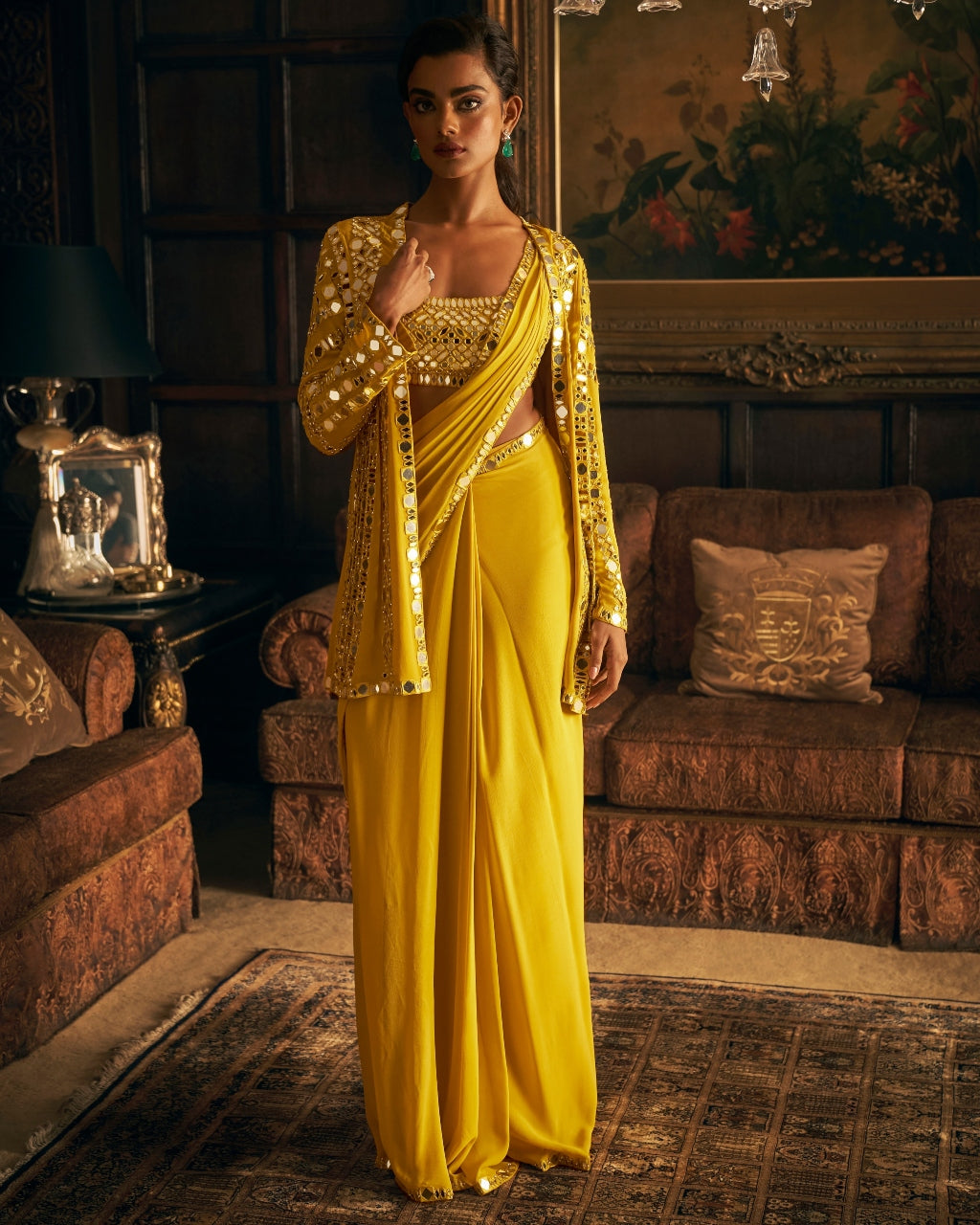 Yellow Mirror Work Stitched Sari Set