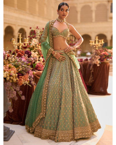 Green Gold Zardosi Lehenga Set