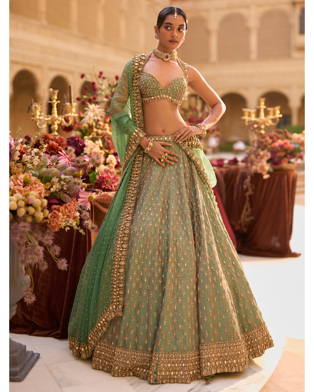 Green Gold Zardosi Lehenga Set