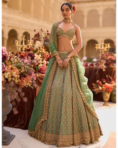 Green Gold Zardosi Lehenga Set