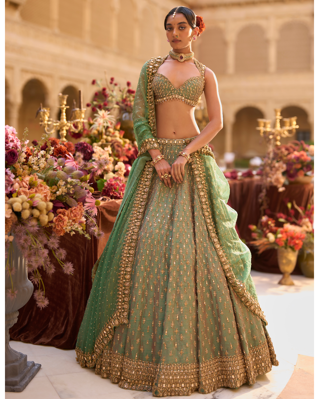 Green Gold Zardosi Lehenga Set