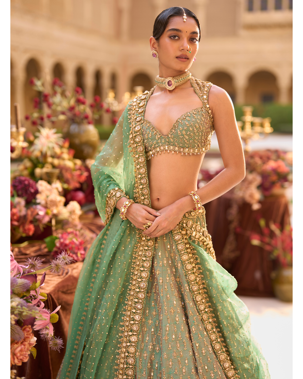 Green Gold Zardosi Lehenga Set