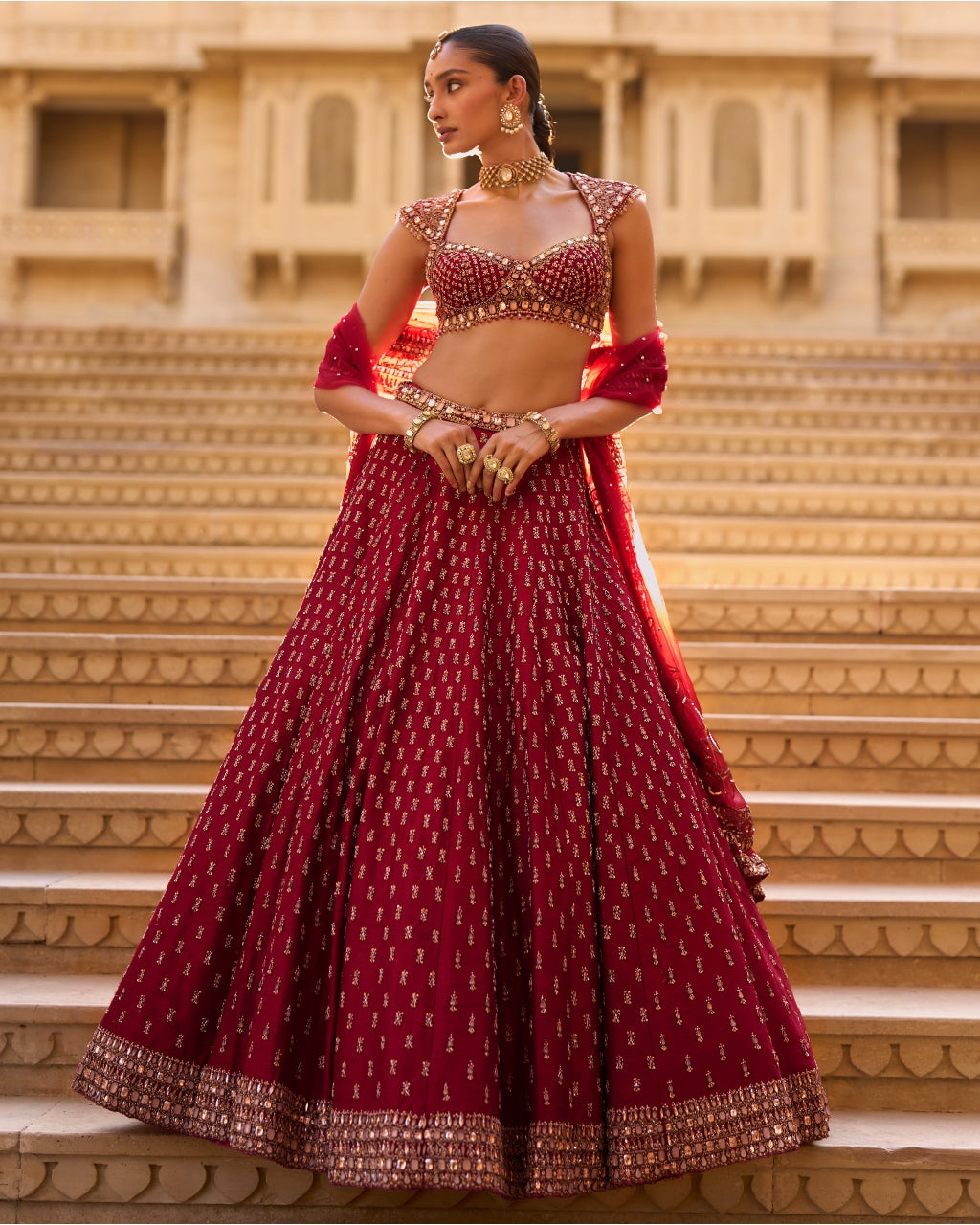 Dark Red Gold Zardosi Lehenga Set