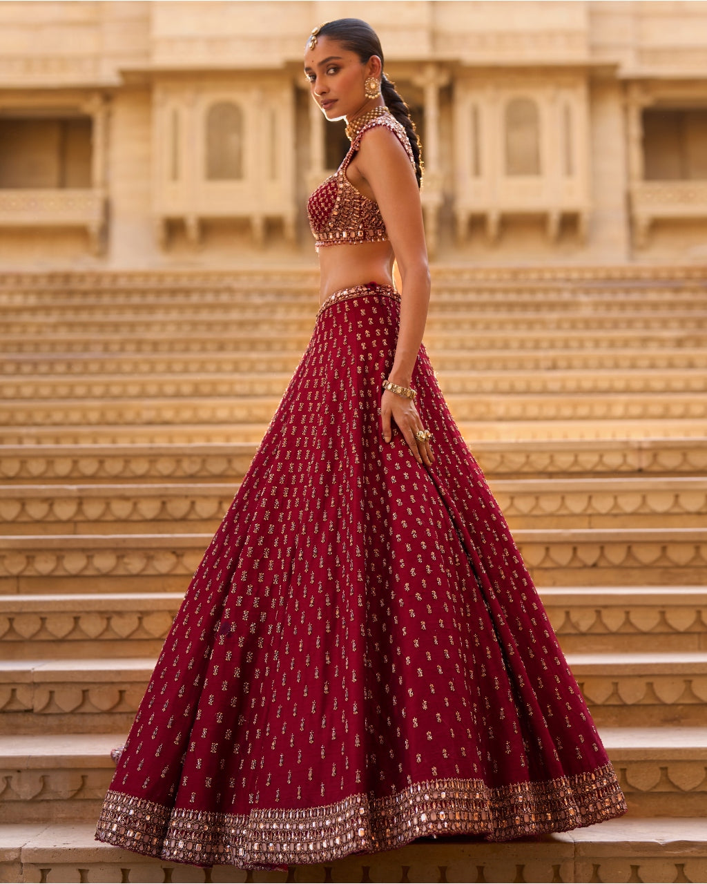 Dark Red Gold Zardosi Lehenga Set