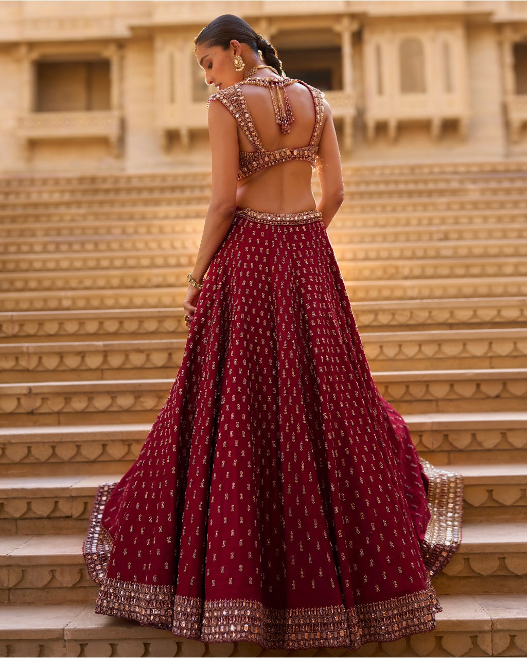 Dark Red Gold Zardosi Lehenga Set