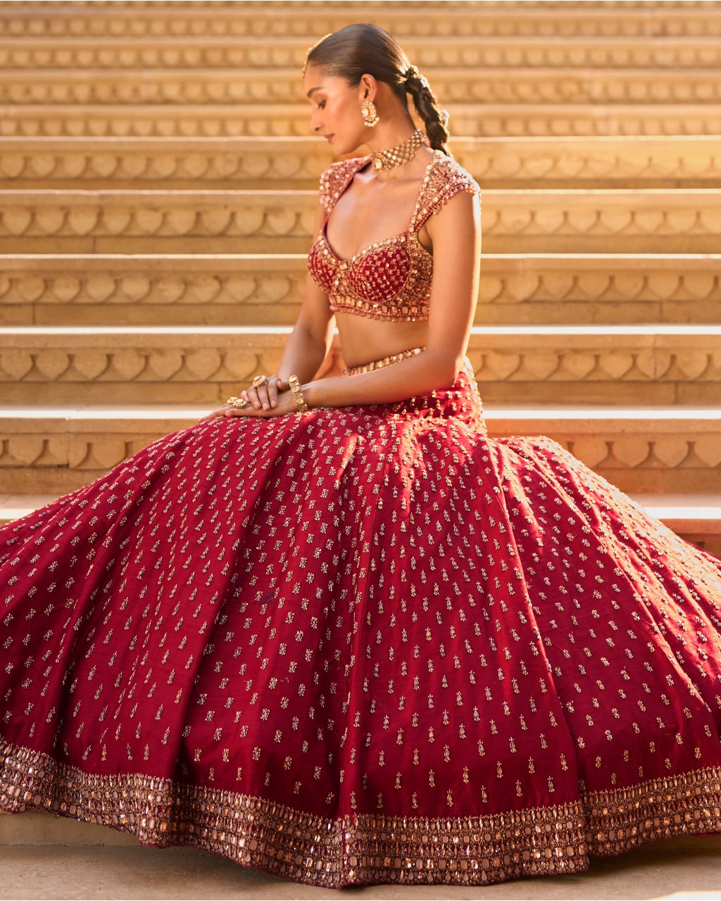 Dark Red Gold Zardosi Lehenga Set