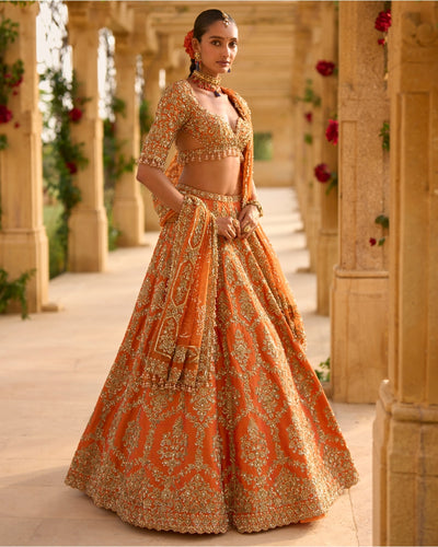 Burnt Orange Zardosi Lehenga Set