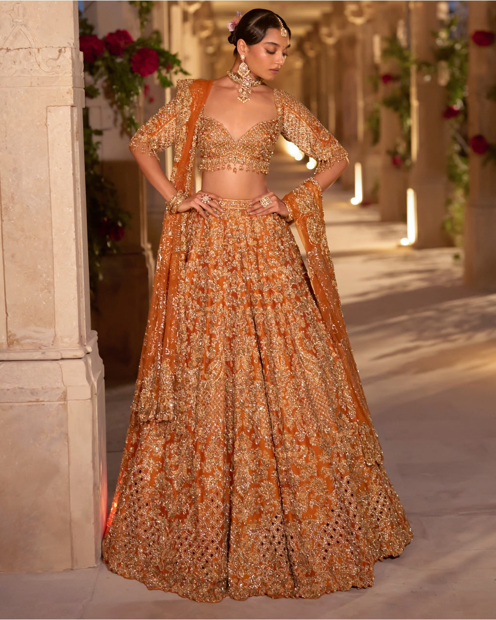 Rust Zardosi Cut Work Lehenga Set