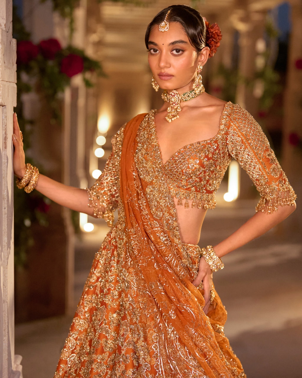 Rust Zardosi Cut Work Lehenga Set