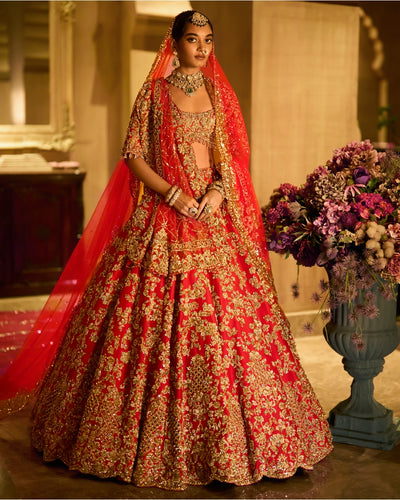 Red Zardosi Cut Work Lehenga Set