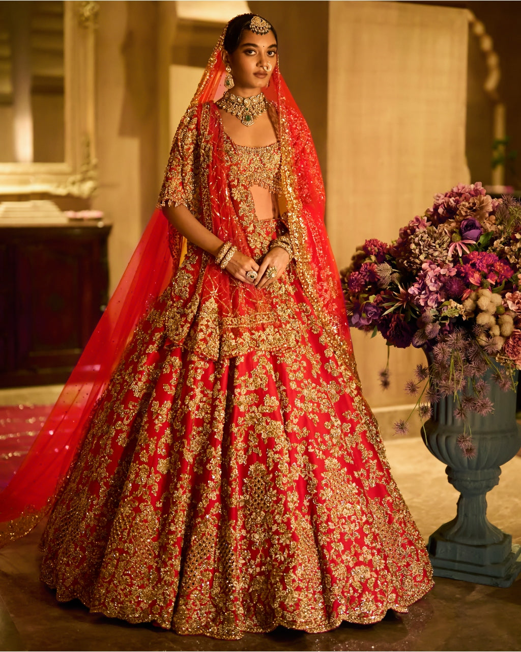 Red Zardosi Cut Work Lehenga Set