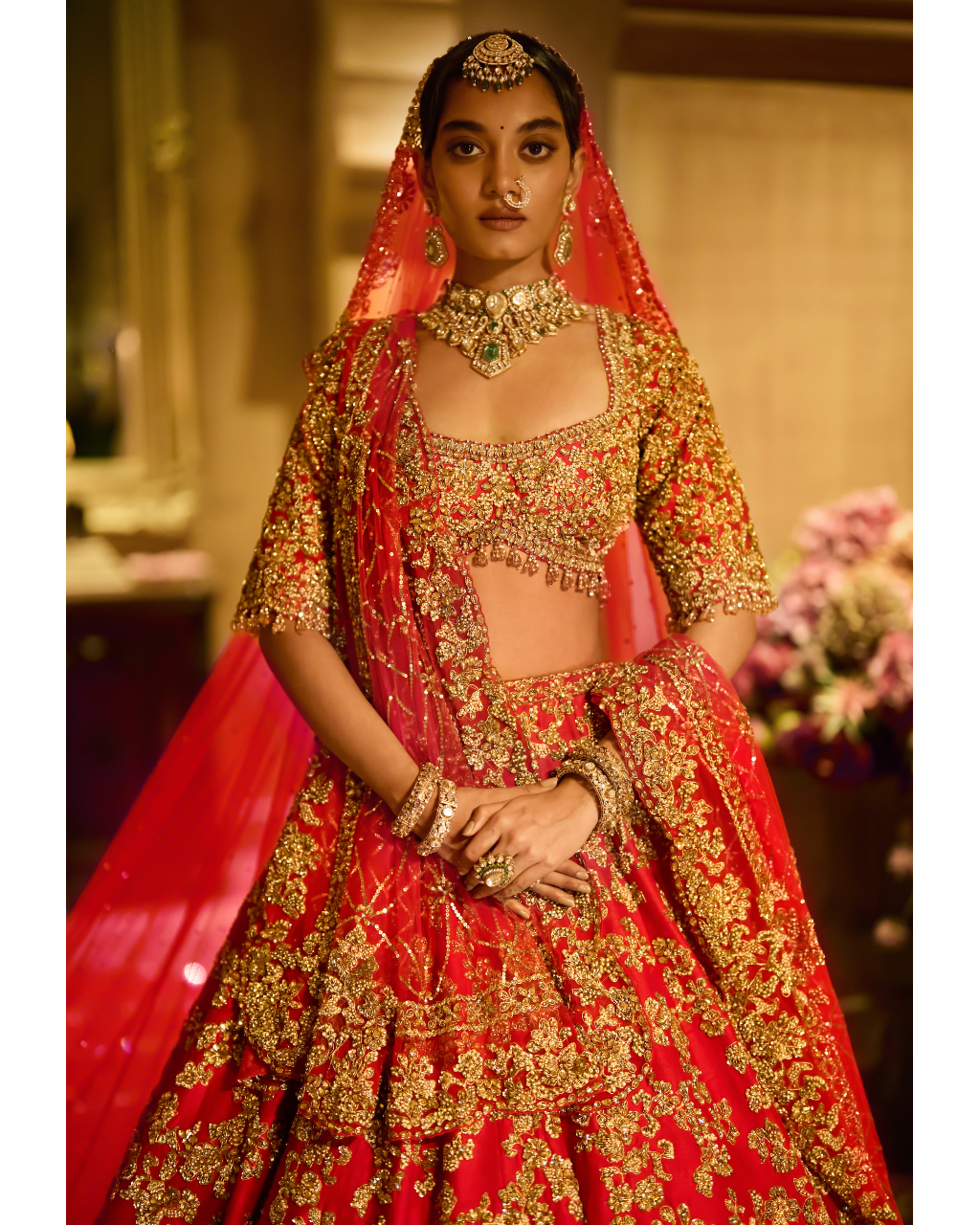 Red Zardosi Cut Work Lehenga Set