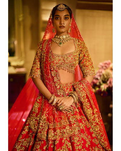 Red Zardosi Cut Work Lehenga Set