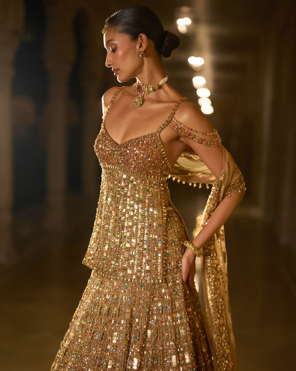 Antique Gold Multi-Coloured Stone Lehenga Set