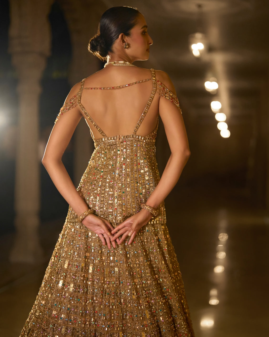 Antique Gold Multi-Coloured Stone Lehenga Set