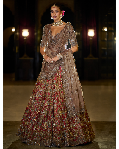 Antique Gold Maroon Lehenga Set