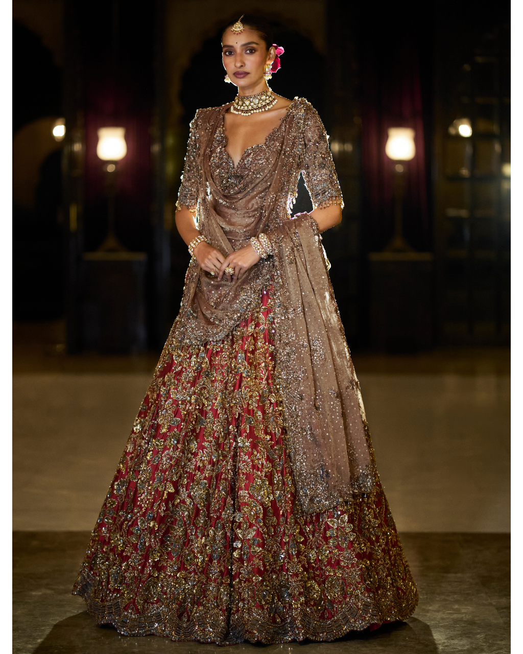 Antique Gold Maroon Lehenga Set