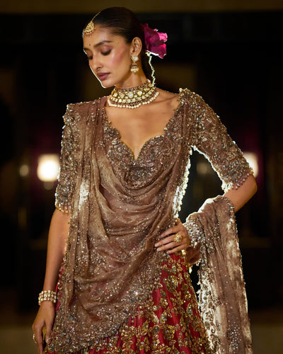Antique Gold Maroon Lehenga Set