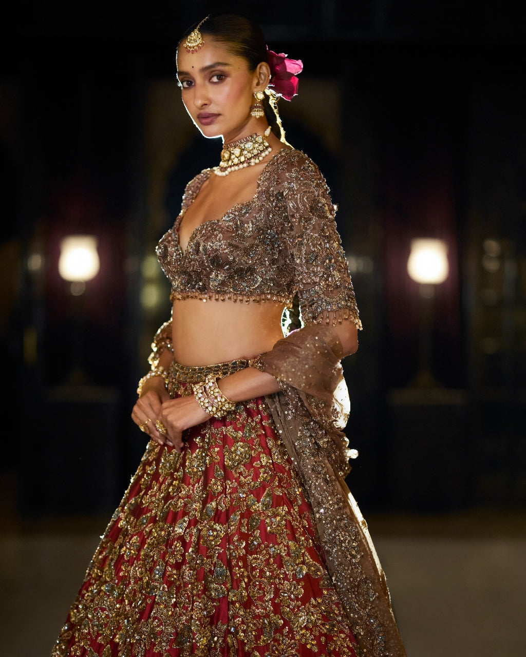 Antique Gold Maroon Lehenga Set