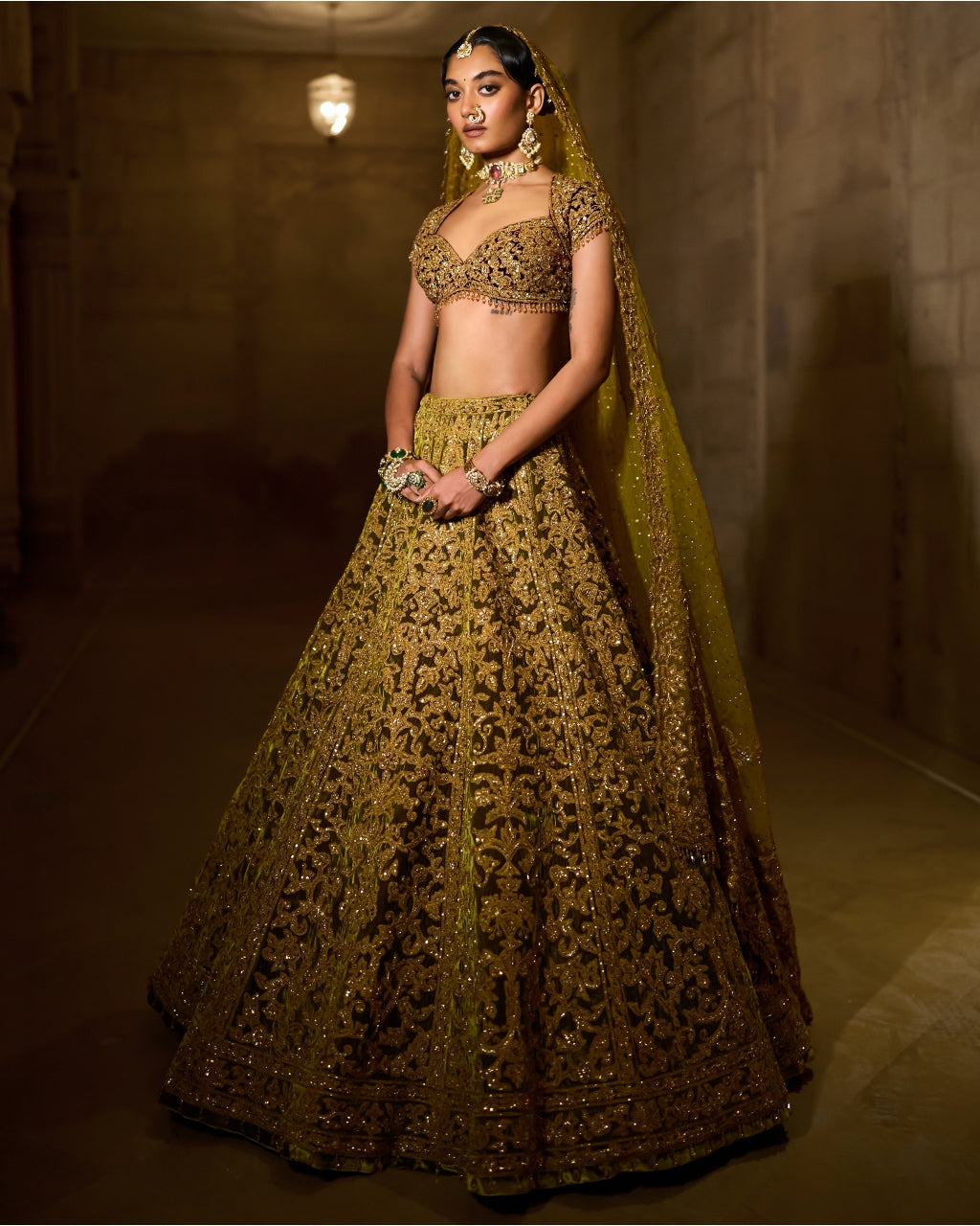 Green Velvet Zardosi Lehenga Set