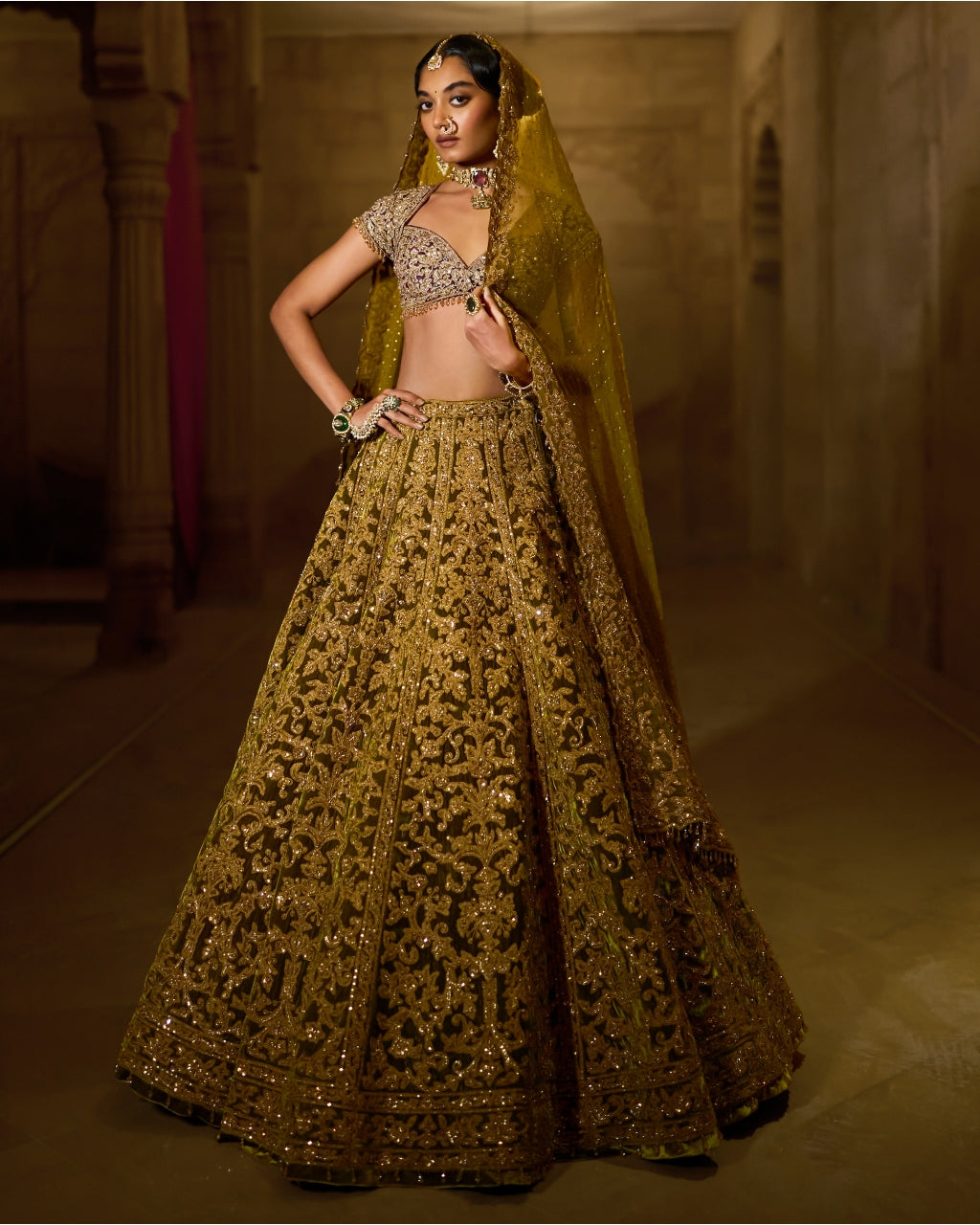Green Velvet Zardosi Lehenga Set