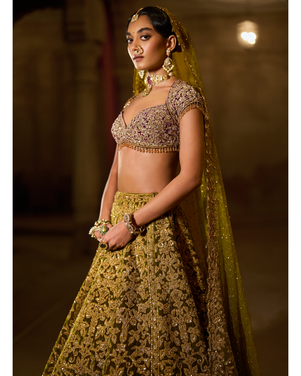 Green Velvet Zardosi Lehenga Set